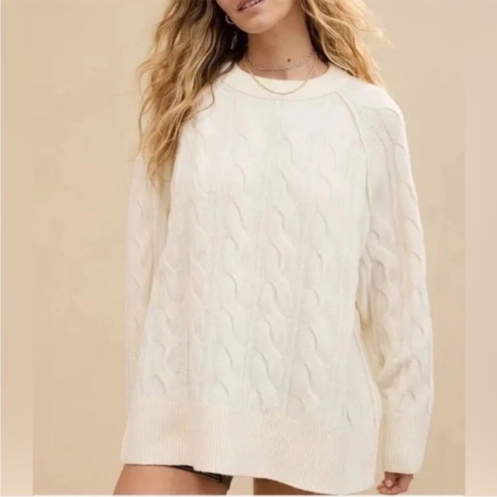 aerie Cream Cable Knit Crewneck Sweater - Picture 2 of 8